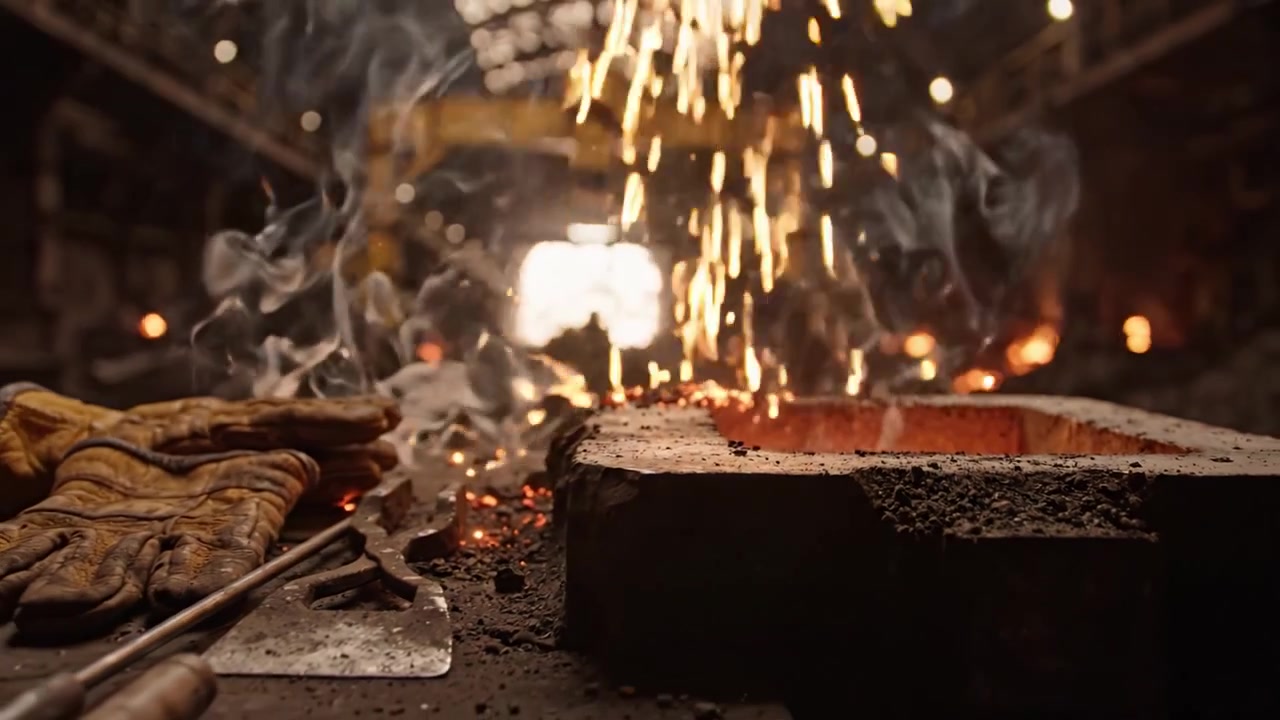 Intensiver Metallschmiedeprozess: Funken fliegen, während sich erhitzte Materialien in einer industriellen Werkstattumgebung verwandeln, was Kunstfertigkeit und handwerkliches Können zeigt.