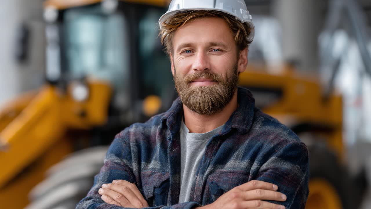 Confident Construction Worker Smiling at Job Site with Heavy Machinery in Background, Showcasing Strong Work Ethic and Professionalism in the Industry