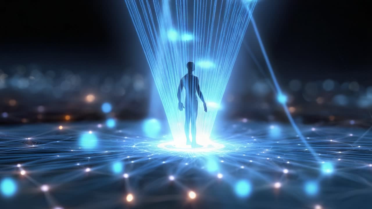 Una rappresentazione digitale di una figura umana circondata da una rete di nodi luminosi, che incarna la connessione tra tecnologia e umanità in un ambiente futuristico.