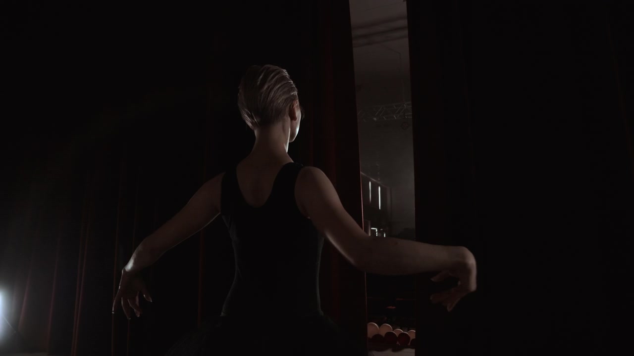 Beautiful Prima Ballerina Entering Dark Stage Determination Innocence Smoke Silhouette Slow Motion