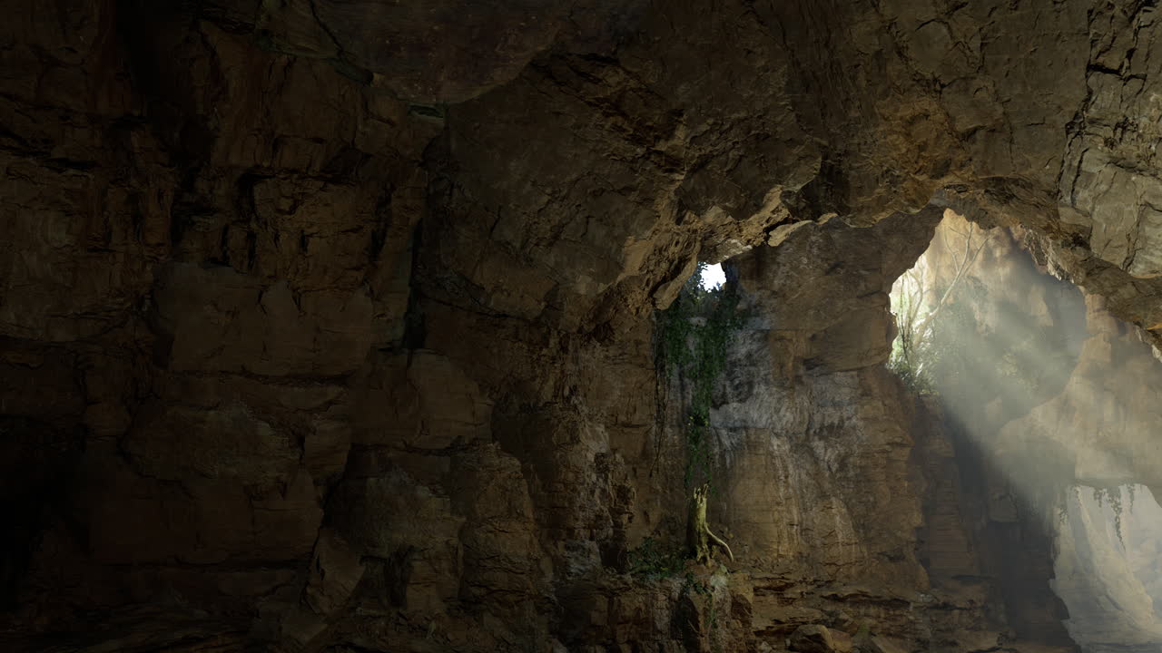 Mysterious cave illuminated by sunlight with lush greenery