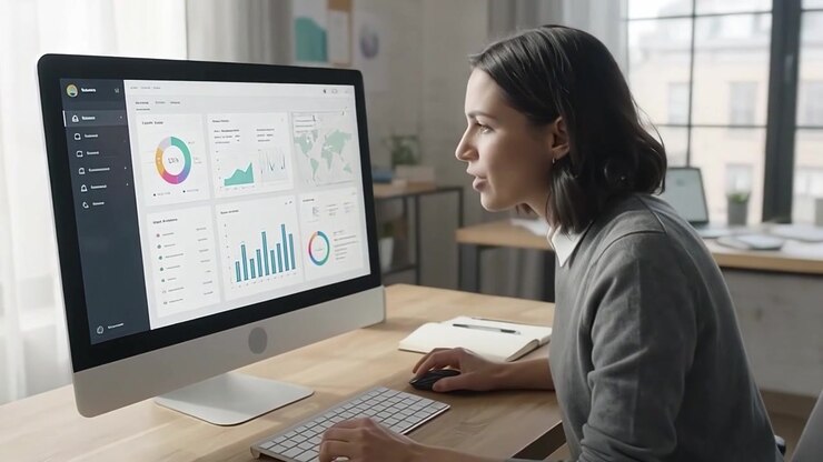Businesswoman Analyzing Data Dashboard on Computer in Modern Office