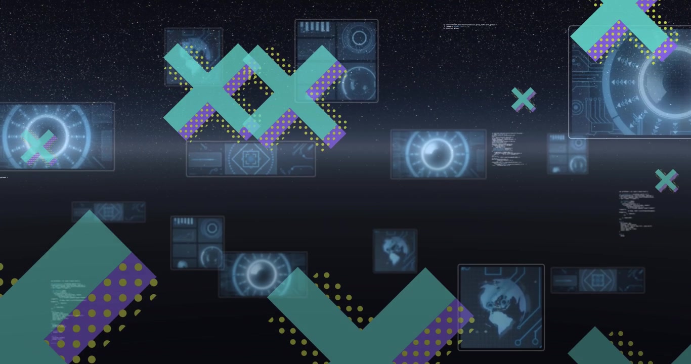 Abstract Digital Background with Floating Data Interfaces and Geometric Shapes