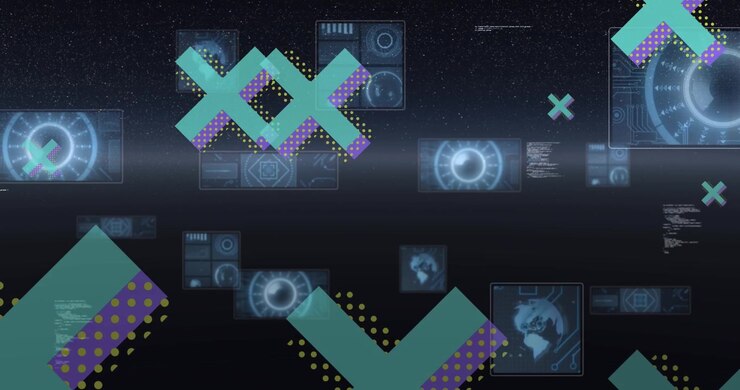 Abstract Digital Background with Floating Data Interfaces and Geometric Shapes