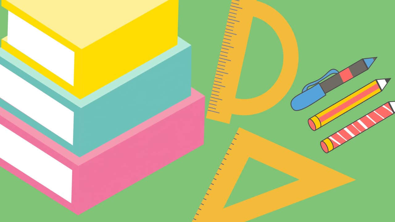 animación de los iconos de los artículos escolares en fondo verde