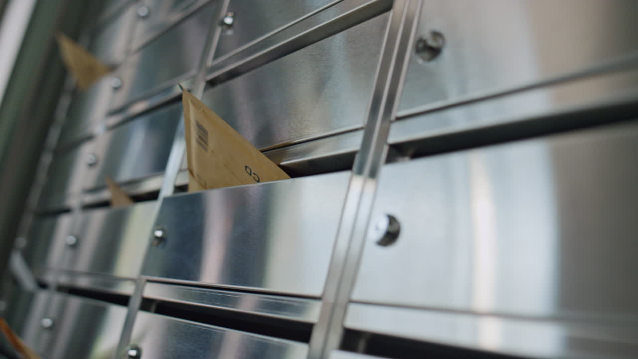 los sobres de papel se atascaron en el buzón de correo de primer plano. los casilleros de plata en el pasillo del edificio.