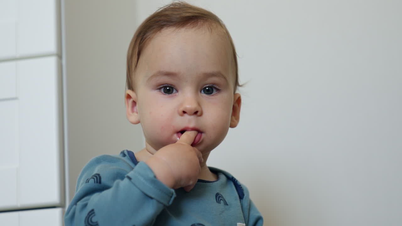 One year old toddler in blue shirt holding a finger in his mouth. Cute kid stands on all four and crawls up to camera. Close up.