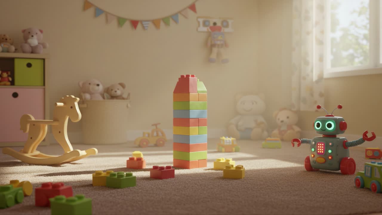 A Colorful Toy Room Featuring a Lego Tower Surrounded by Playful Robots and Plush Animals, Sparkling with Creativity and Imagination in a Joyful Child's Space