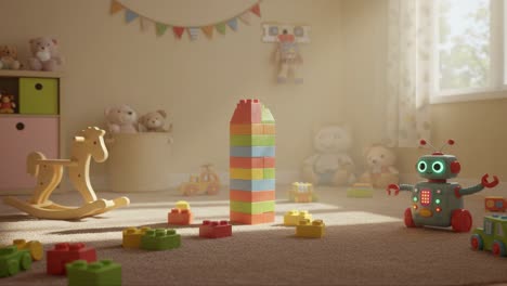 a colorful toy room featuring a lego tower surrounded by playful robots and plush animals, sparkling with creativity and imagination in a joyful child's space