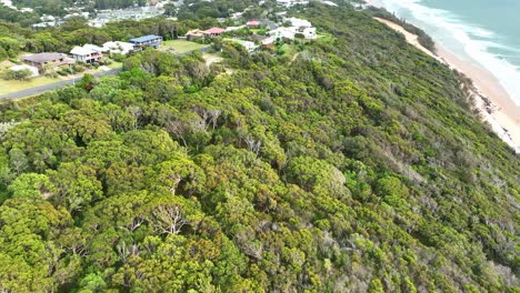 Volando-Más-Allá-De-Una-Calle-De-Grandes-Casas-De-Vacaciones-Construidas-En-La-Cima-De-Una-Colina-Para-Obtener-Vistas-De-La-Playa