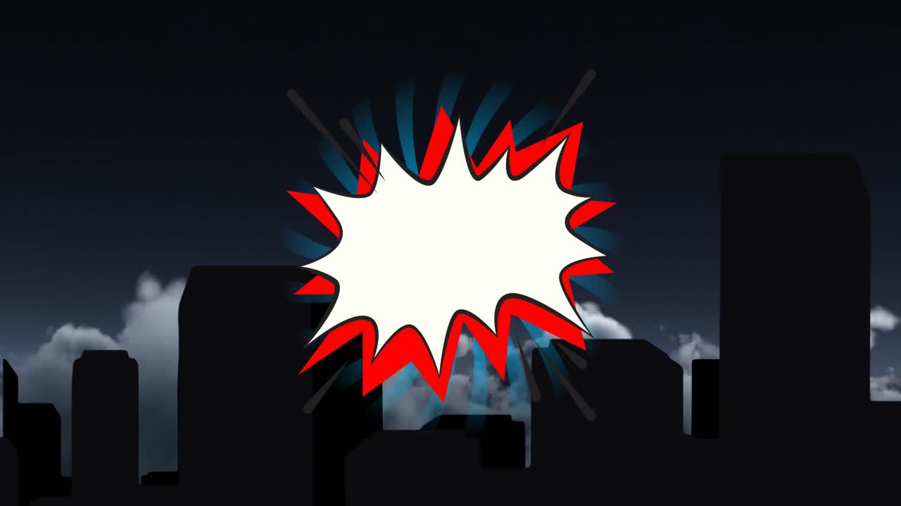 밤하늘의 구름을 배경으로 높은 건물의 실루 ⁇  위에 레트로 스피치 버블