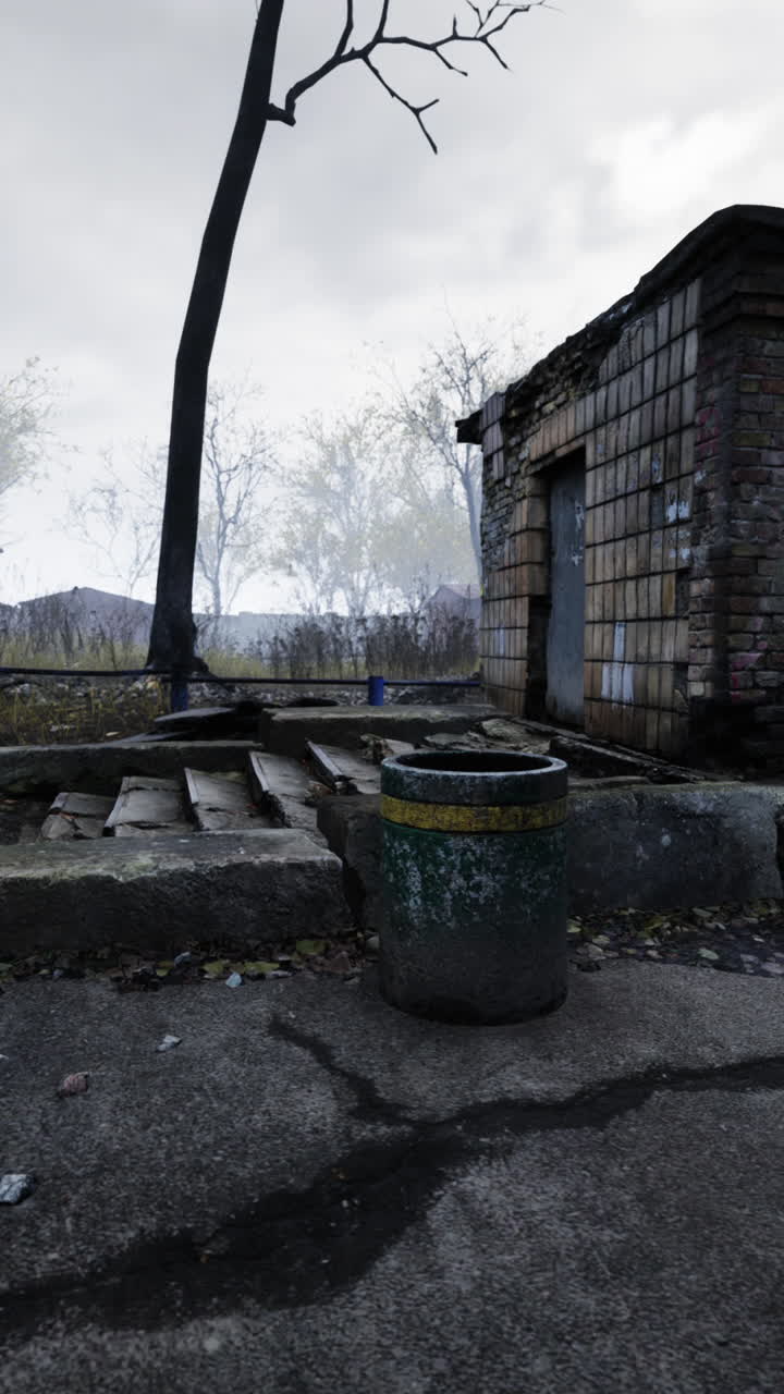 edificio abandonado en un bosque de niebla