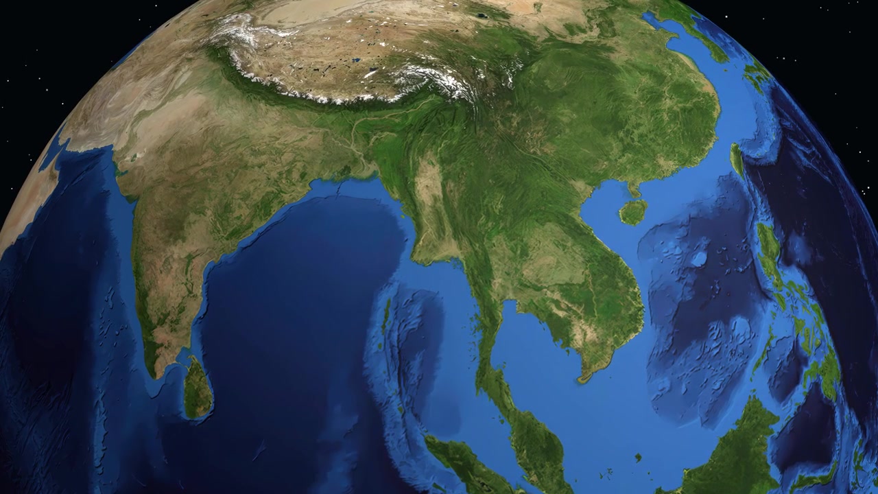 Animazione digitale che zooma dallo spazio nel Sud-est asiatico, evidenziando Rangoon, Birmania, con statistiche sulla popolazione