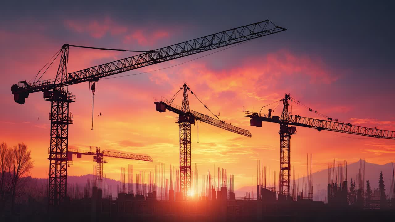 A Stunning Dawn Over a Construction Site Highlighting Tower Cranes Silhouetted Against a Vibrant Sunset Sky with Urban Landscape in the Background