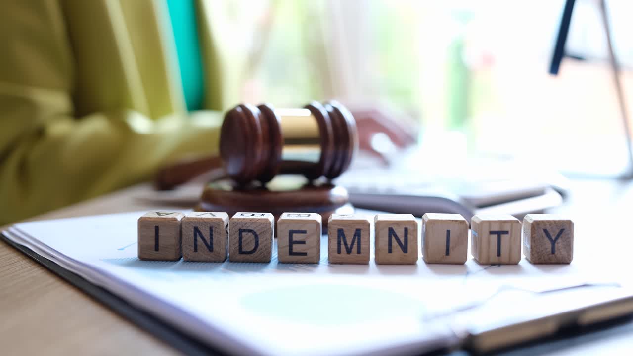 Indemnity Concept with Gavel and Wooden Cubes
