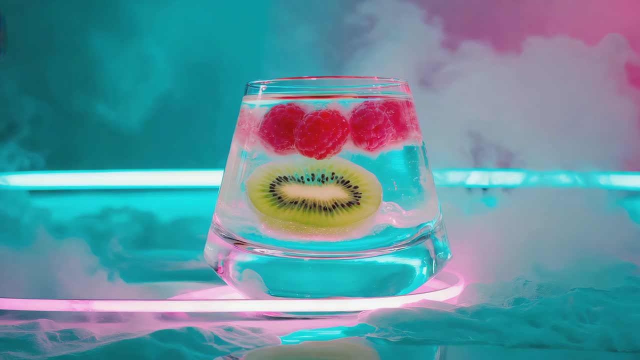 Vibrant Drink with Kiwi and Raspberries in Neon Glow
