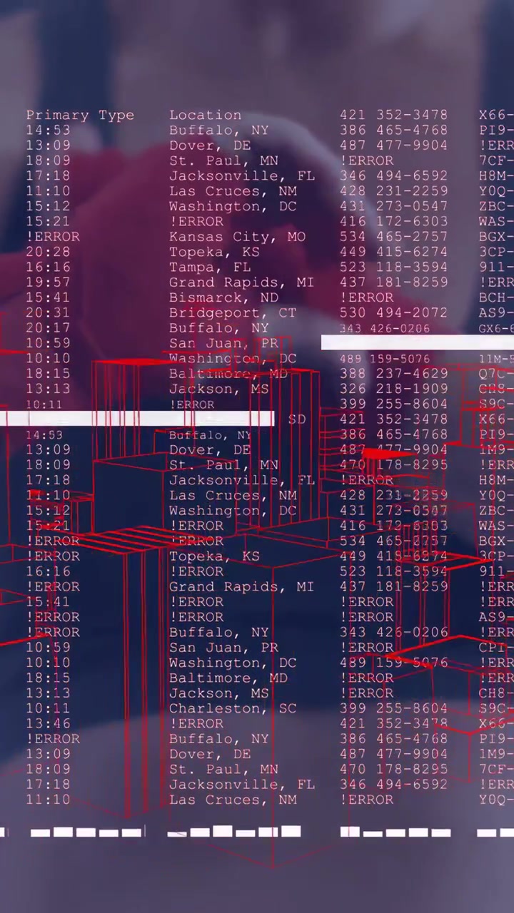 Vertical video: Woman tying red wraps while digital overlay rising and scanning errors for training