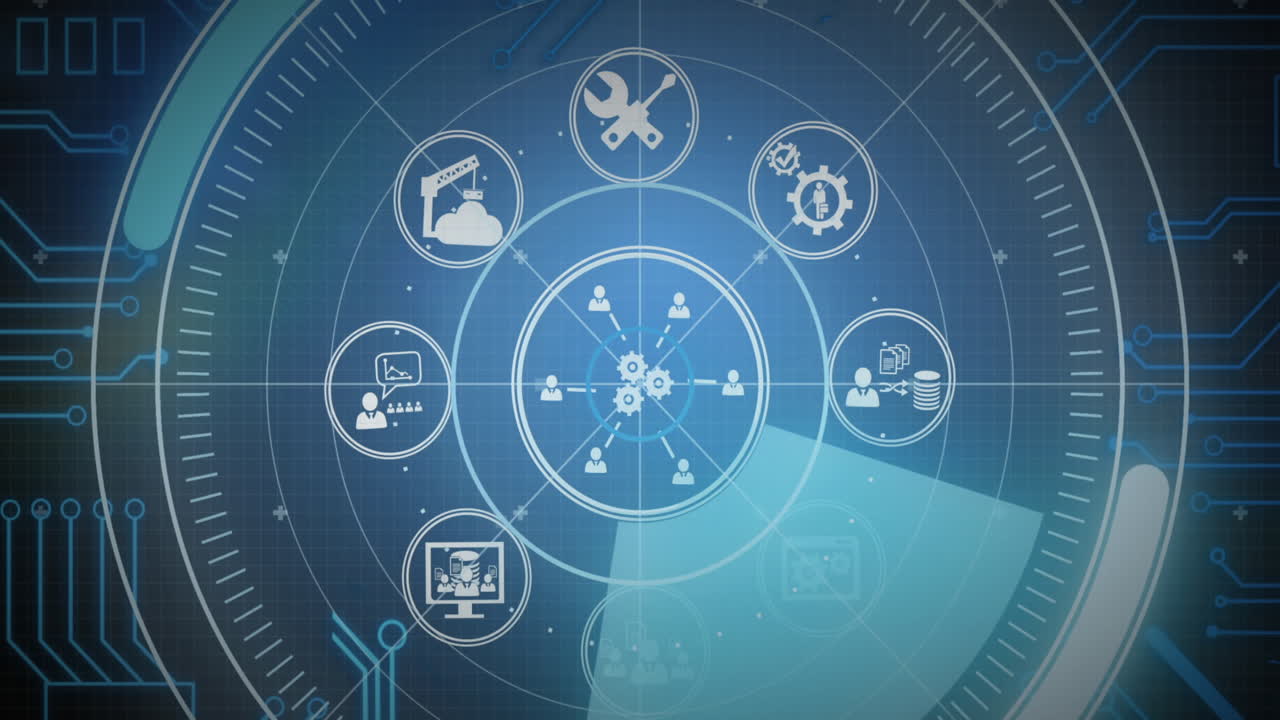 검은색 배경에 스 스캔과 아이콘으로 데이터 처리의 애니메이션