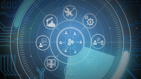 Animation of data processing with scope scanning and icons on black background