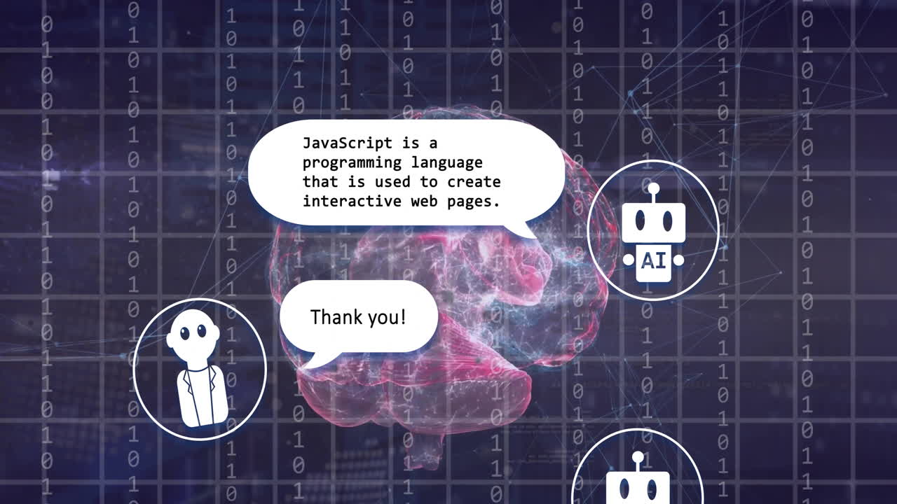 animación de los iconos de los bots de chat y procesamiento de datos sobre un fondo oscuro