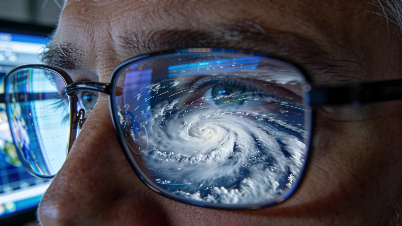 Un uomo anziano che monitora grafici di tempeste rotanti in una sala di controllo, con gli occhiali che riflettono i dati.