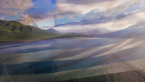 Digital-composition-of-uruguay-flag-waving-against-aerial-view-of-waves-in-the-sea