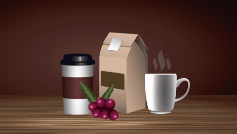 animación de bebida de café con bolsa e íconos en la mesa