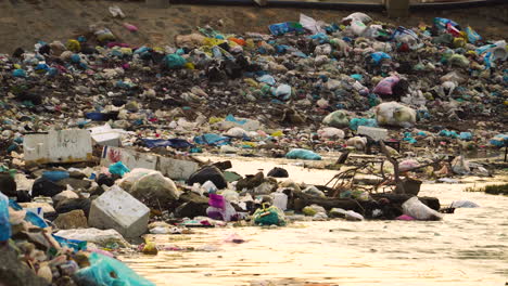 Landfill-natural-disaster-polluted-water-river-with-toxic-plastic-waste,-cancer-sickness-disease-and-consumerism-society-concept