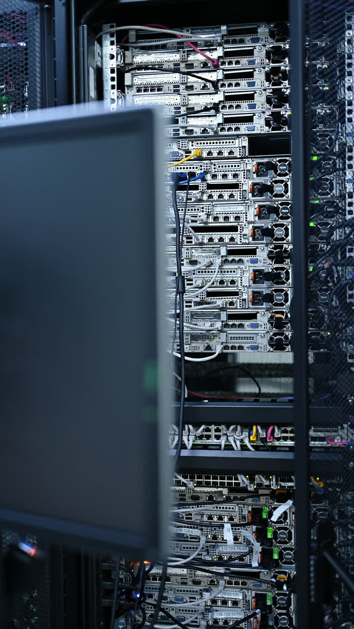 Close up of a rack-mounted server in data centre. Vertical
