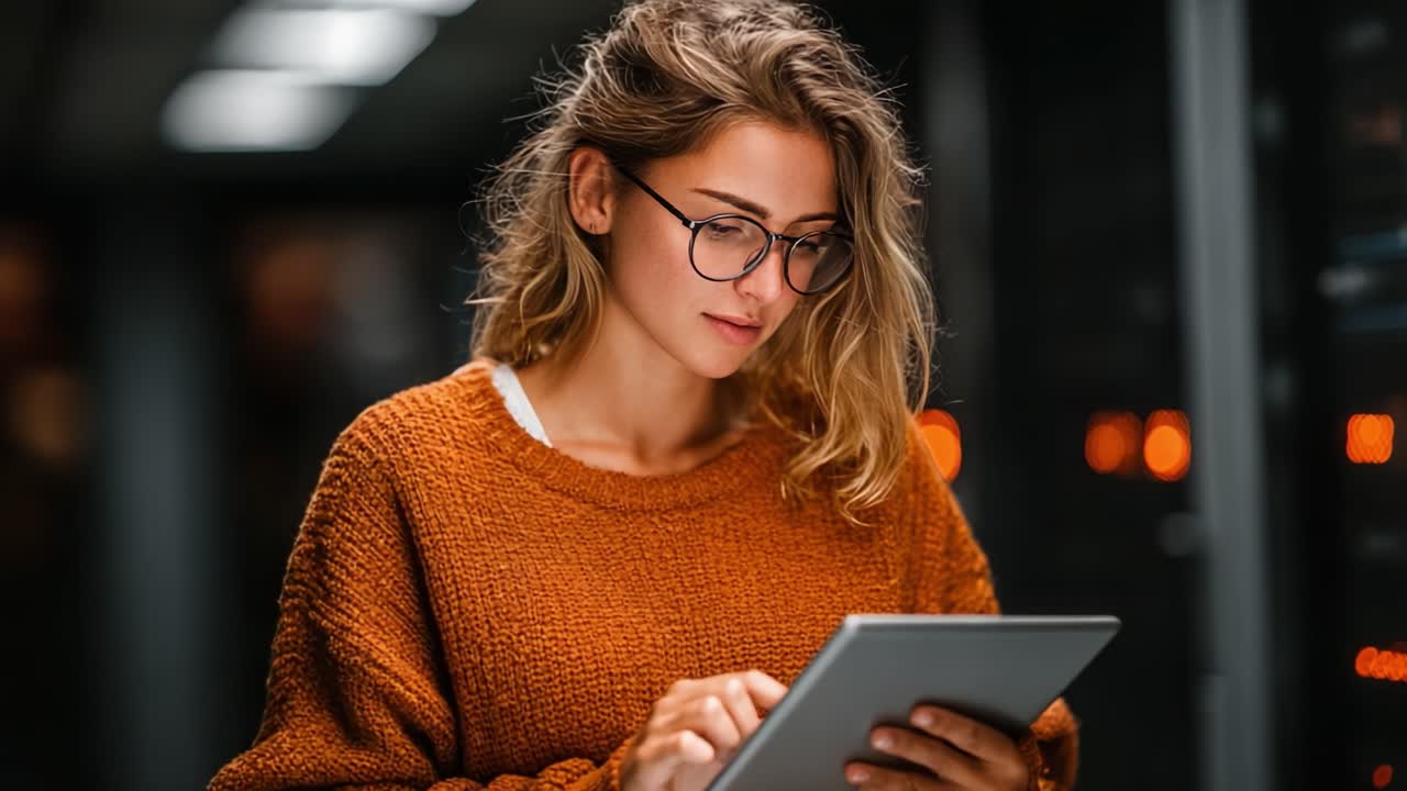 En fokuseret, ung kvinde fordybet i sin tablet i et moderne og teknologisk miljø om aftenen