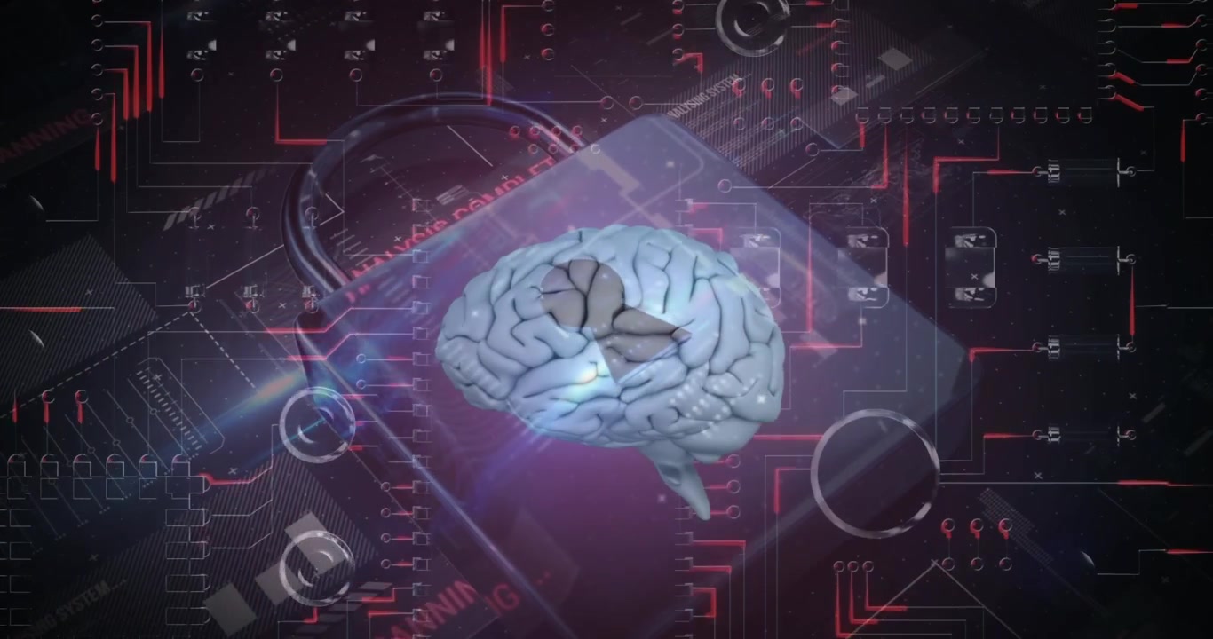 Animation of human brain, data processing, online security padlock and circuit board