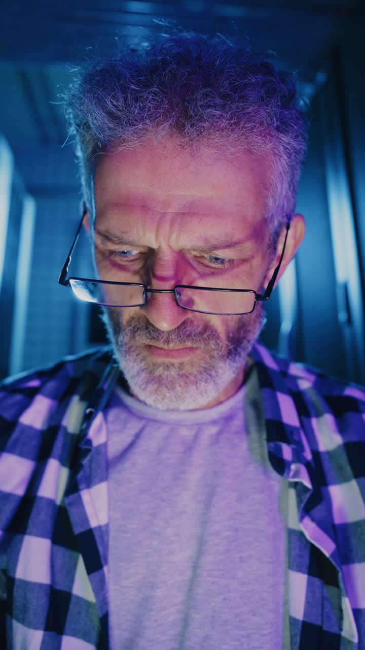 Portrait of a man in a plaid shirt with glasses and a beard, lit with vibrant purple and blue light.