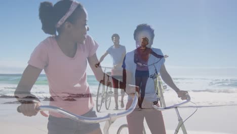 animación de una feliz pareja afroamericana con bicicletas sobre el paisaje marino