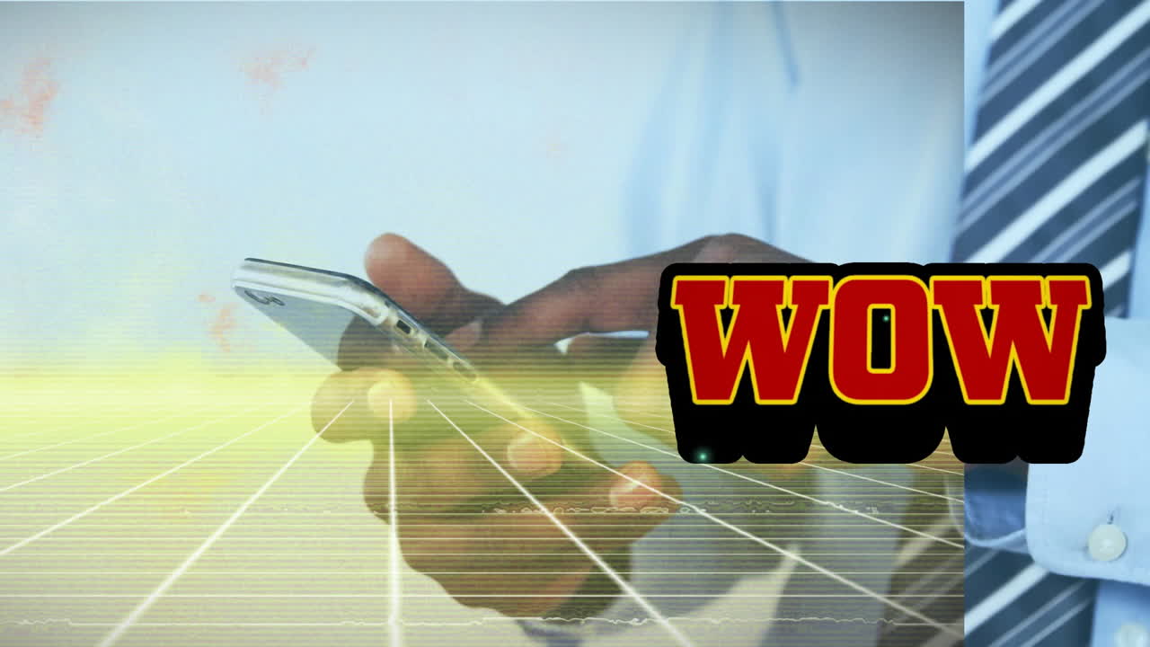 Person holding smartphone with WOW text animation over digital grid background