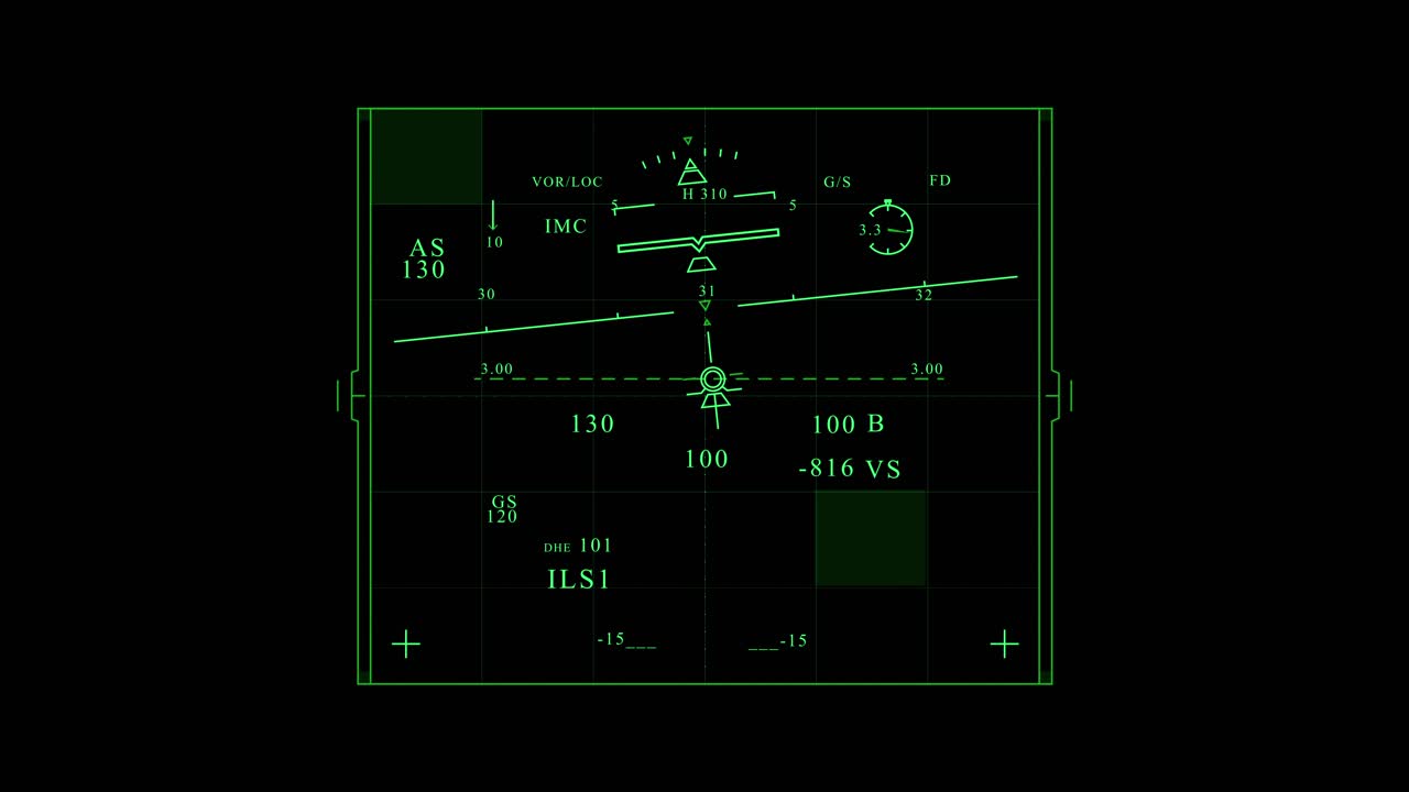 녹색 모니터 아날로그 디스플레이에 비행기 기기의 인공 지평선
