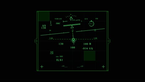 Artificial horizon of airplane instruments on green monitor analogic display