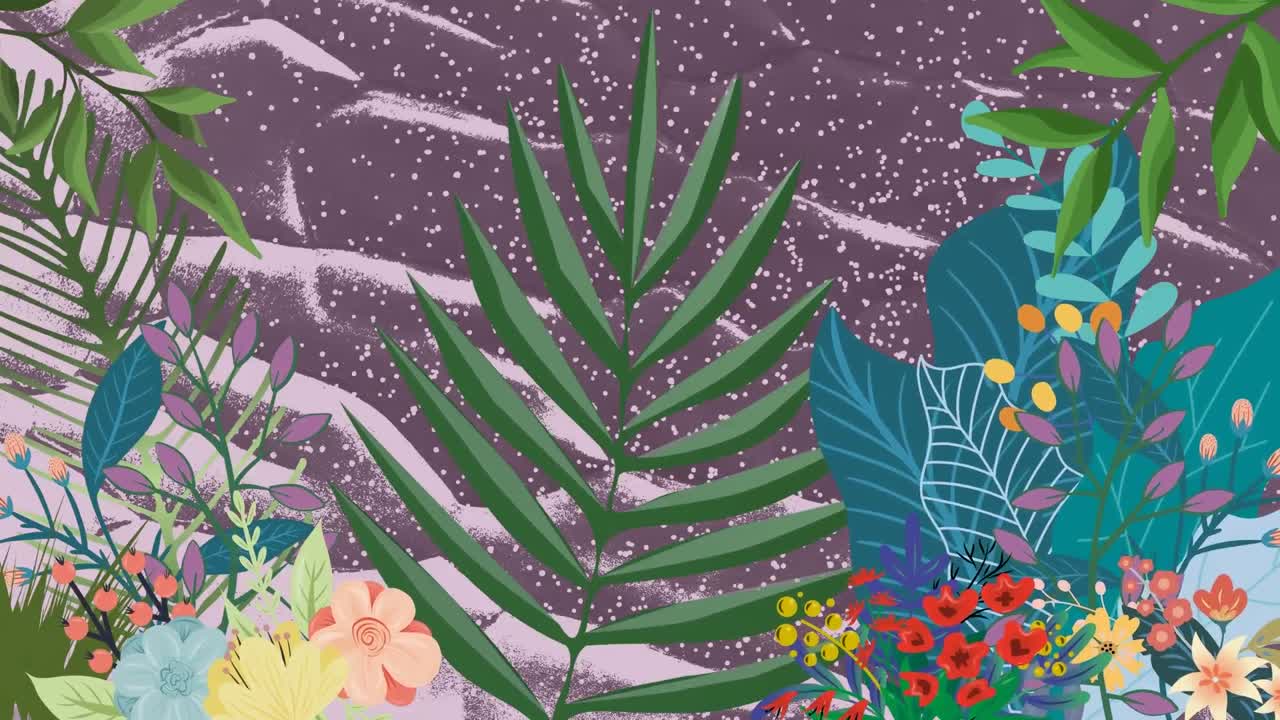 animación de hojas y flores tropicales que se balancean sobre la textura orgánica en movimiento en rosa pálido