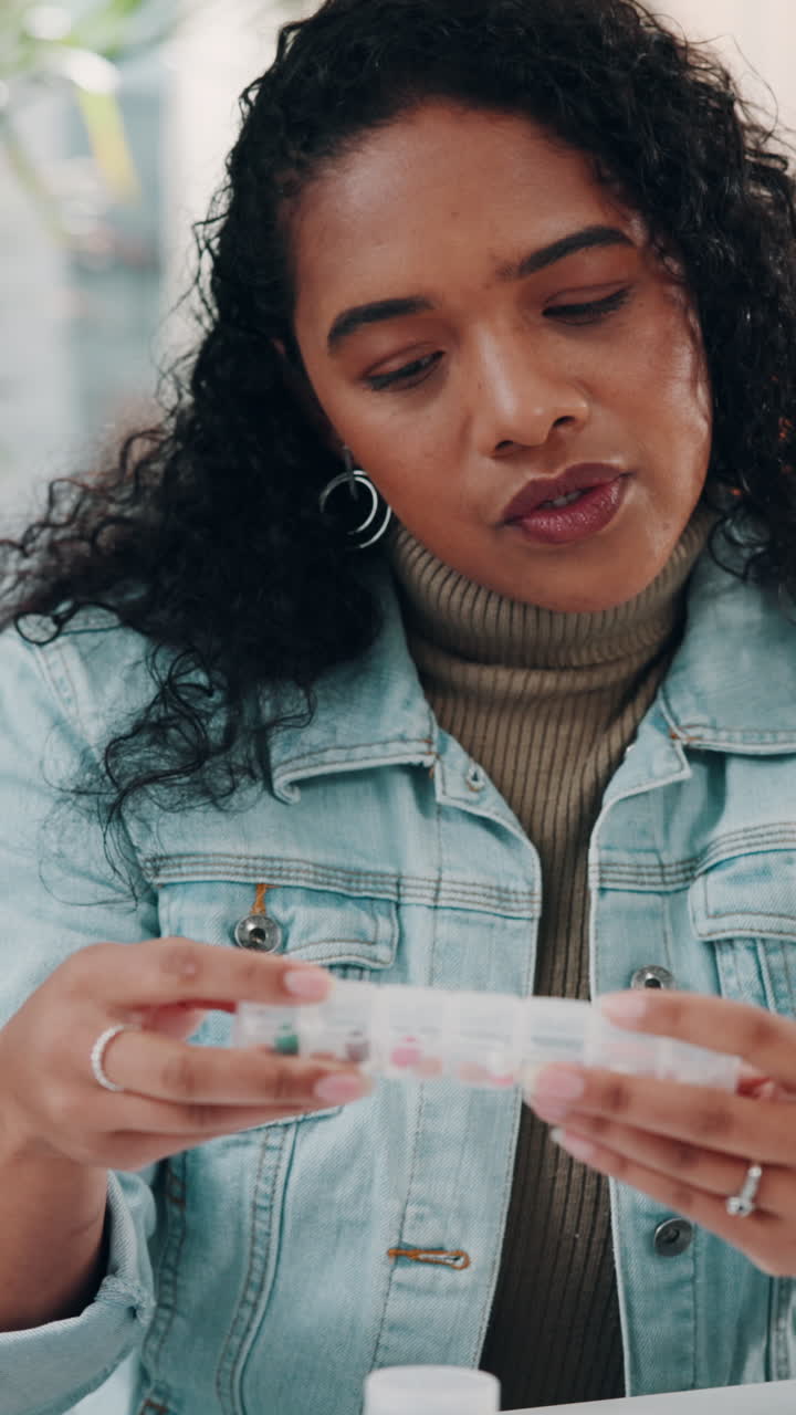 Young Woman Holding and Organizing Daily Medication in a Pill Organizer