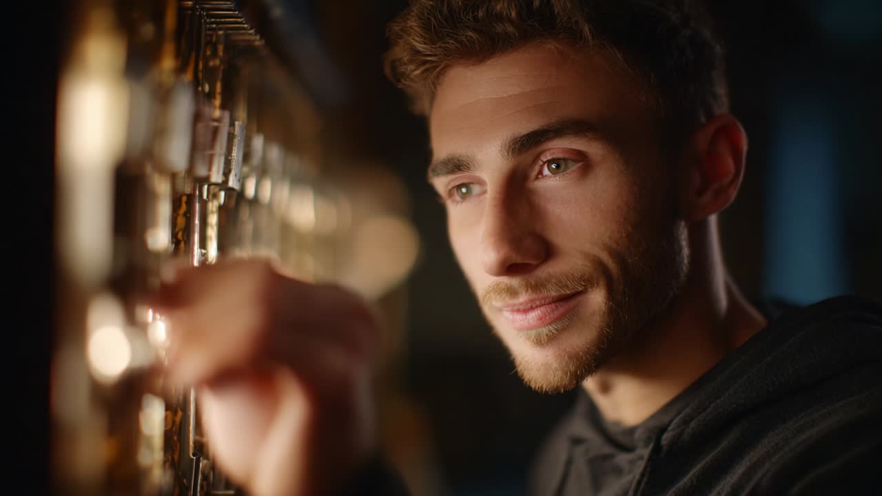A young man intently examines a series of intricate locks and mechanisms in a dimly lit environment, showcasing the beauty of craftsmanship and the focus required for such detailed work