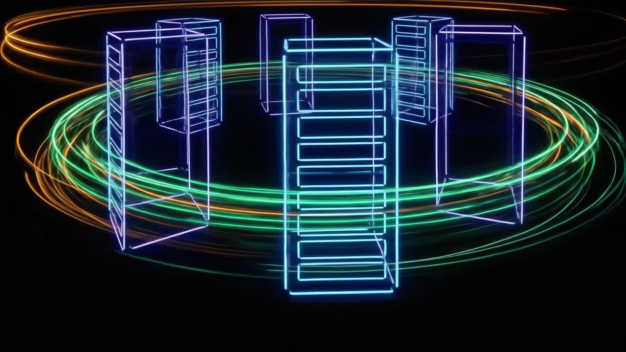 Futuristic Data Center with Glowing Blue Structures and Rotating Light Trails