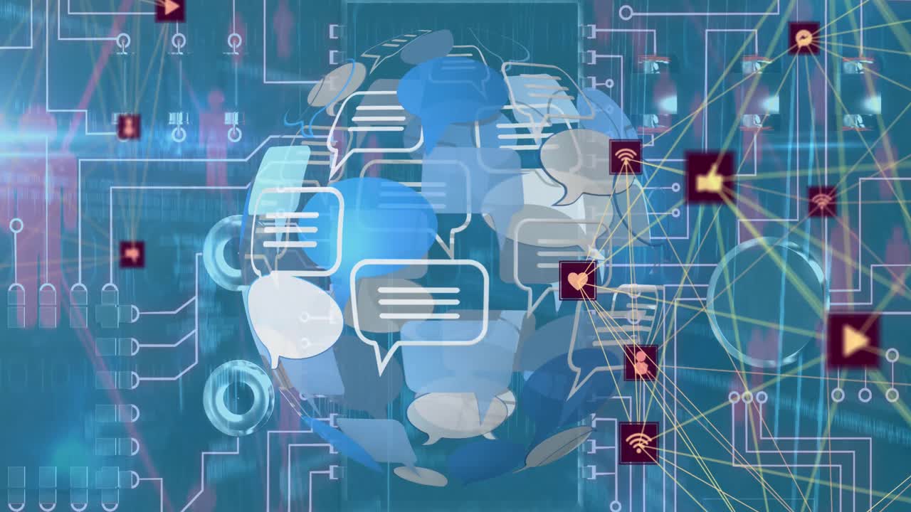 animación de un globo de burbujas de habla girando con iconos tecnológicos conectados flotando