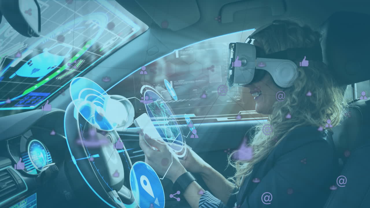 Animation of displays and icons with woman in vr headset using smartphone in self driving car