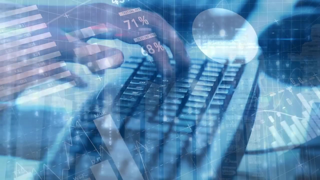 Animation of data processing over businessmen using computer
