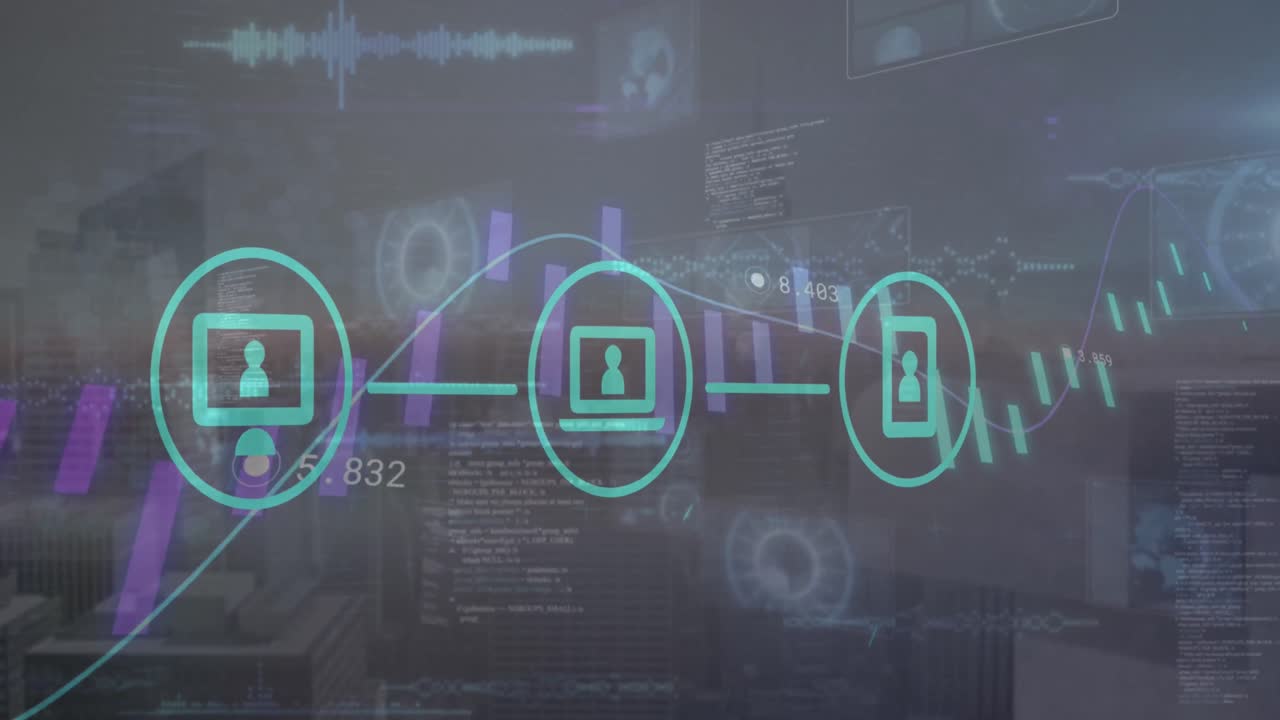 animación de una red de iconos digitales y procesamiento de datos frente a una vista aérea del paisaje urbano