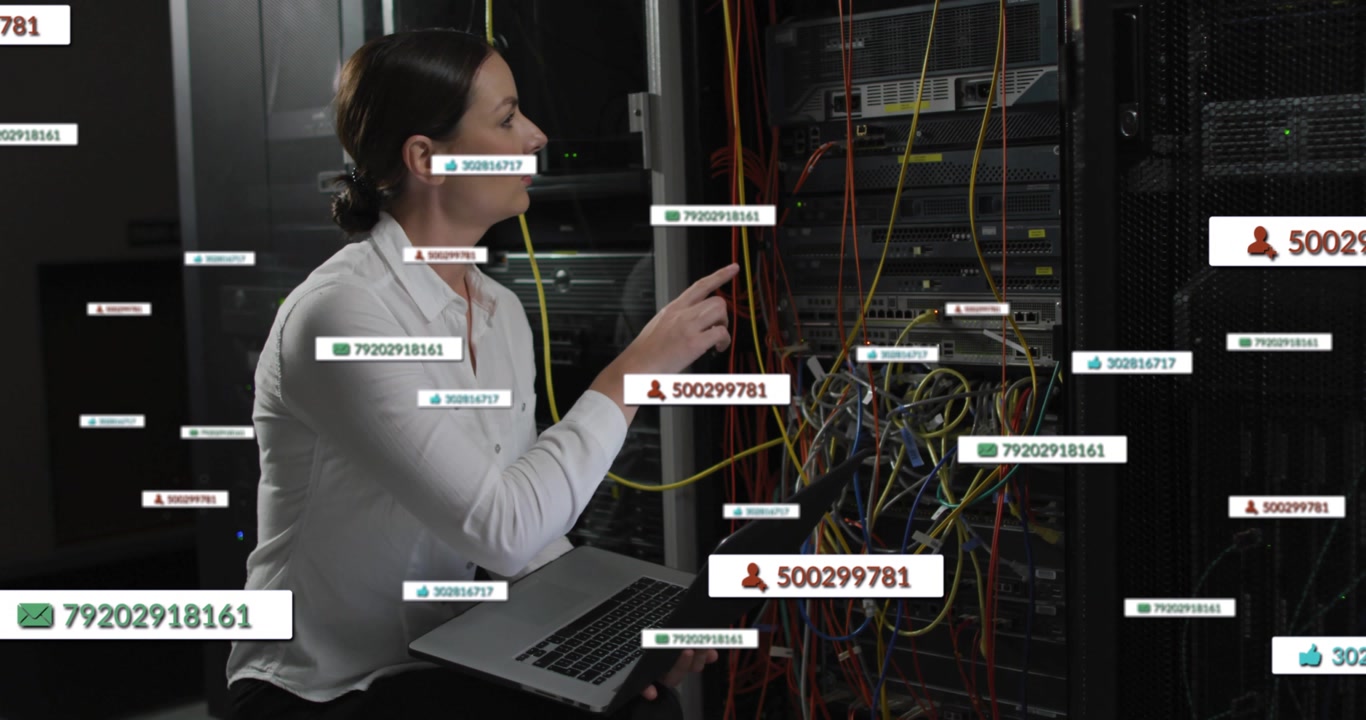 IT technician tracing yellow cable at rack, animated labels appearing and guiding connection check
