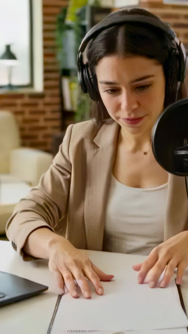 Video vertical: Presentador ajustando su blazer, auriculares y notas para grabar en casa con micrófono