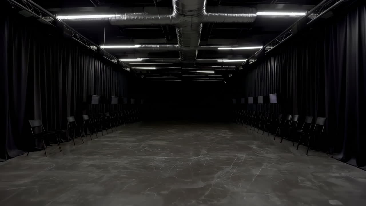 Empty dark studio or performance hall with black curtains and rows of chairs