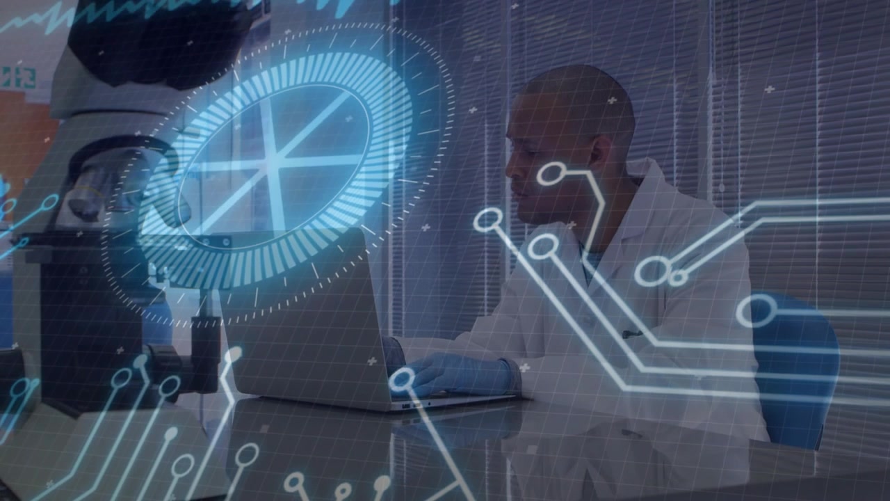 Lab researcher typing on laptop by microscope initiating holographic interface for data analysis
