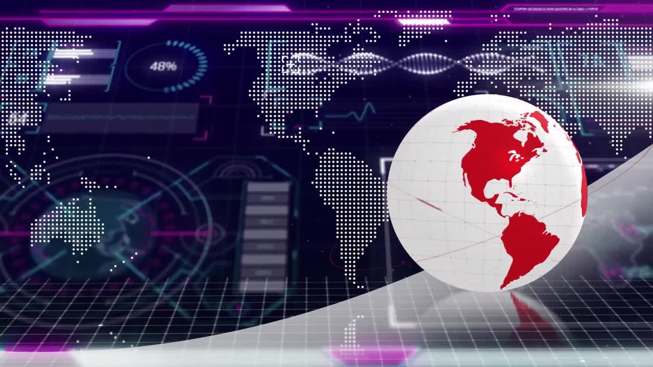 인터페이스 화면에서 빨간 지구의 애니메이션 데이터 처리 및 검은색 배경의 세계 지도