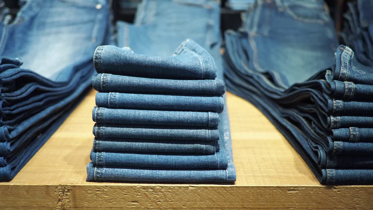 Stacks of Folded Blue Denim Jeans on a Wooden Store Shelf